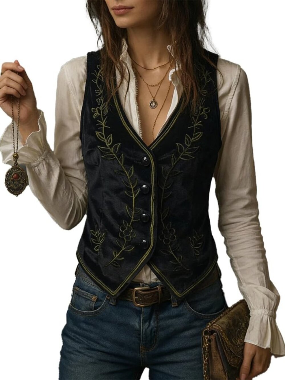 CAMODM Women's Vintage Waistcoat Adjustable Vest Floral Embroidery Button Tops